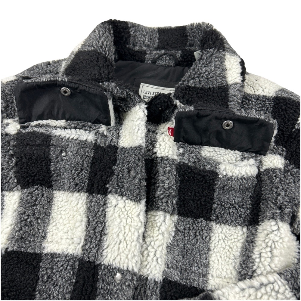 Levi's Women's XS Sherpa Oversized Black White Plain Button Zipper Coat - Picture 4 of 11